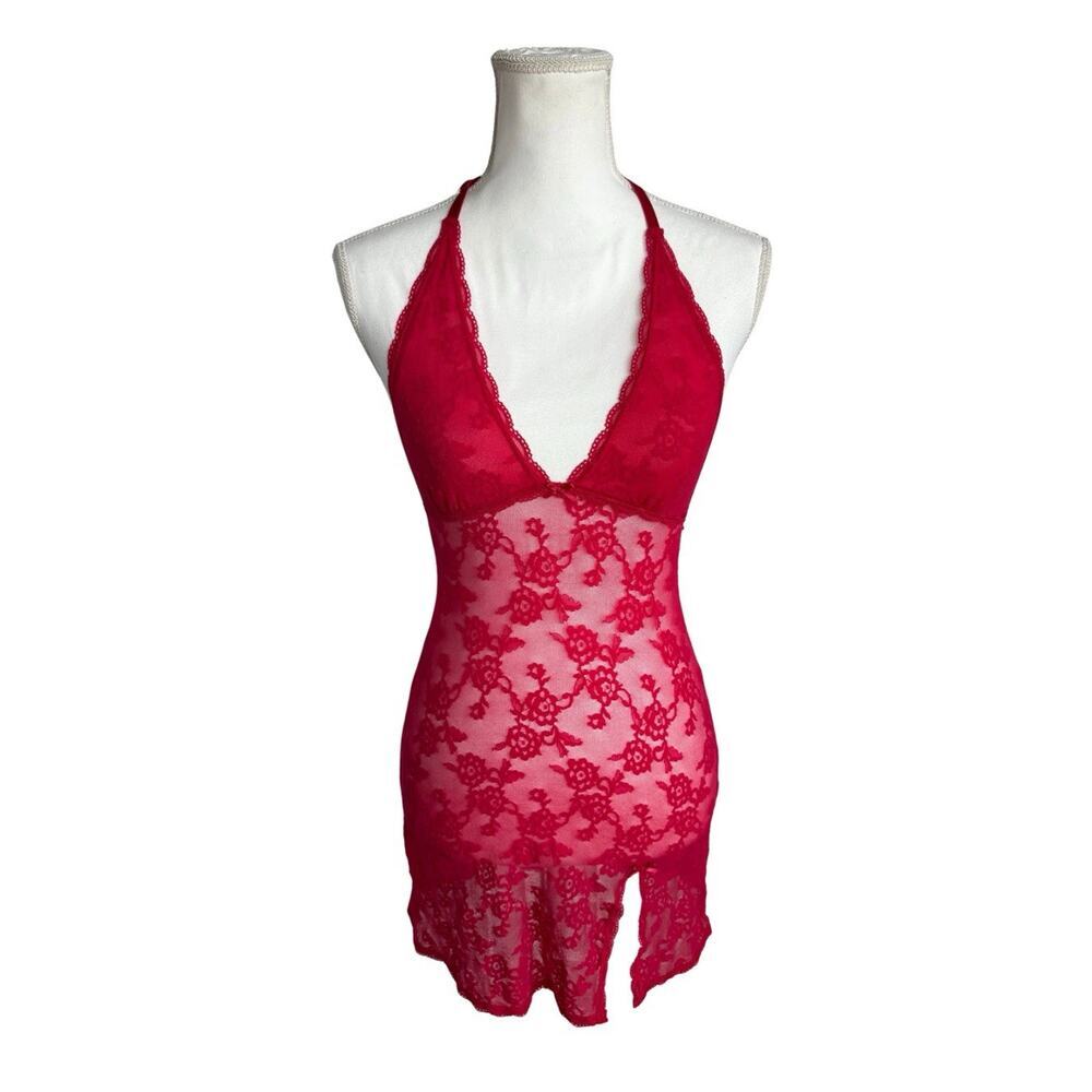 Victoria Secret Red Lace Halter Chemise Slip Dress Women’s Small Sheer Lingerie